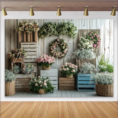 Lofaris Rustic Floral Photography Backdrop with Roses and Wood Crates Elegant Flower Wall Decor for Professional Portrait