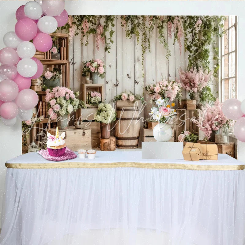 Lofaris Rustic Floral Photography Backdrop with White Wood and Pink Roses Elegant Studio Background for Spring Photoshoot