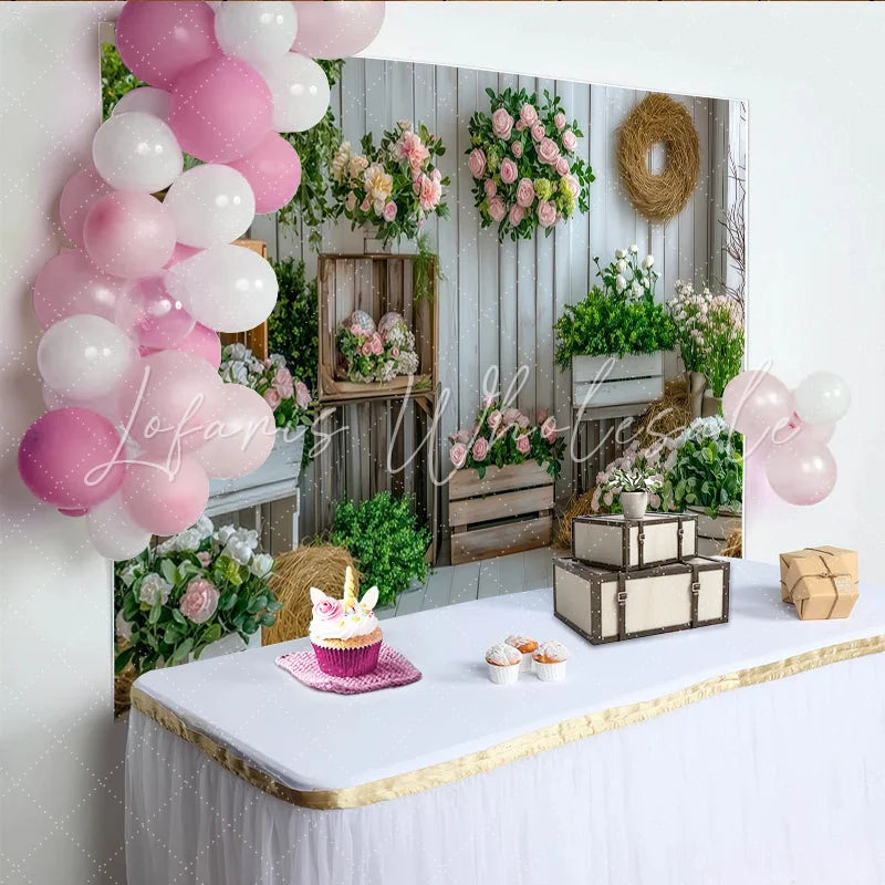 Lofaris Rustic Floral Photography Backdrop with White Wood and Pink Roses Elegant Studio Background for Spring Photoshoot and Event Decor
