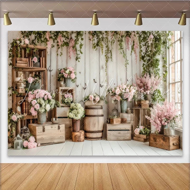 Lofaris Rustic Floral Photography Backdrop with White Wood and Pink Roses Elegant Studio Background for Spring Photoshoot