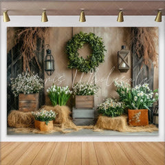 Lofaris Rustic Floral Photography Backdrop with Wooden Wall and Green Wreath Elegant Studio Background for Spring Photoshoot
