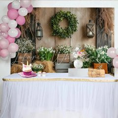 Lofaris Rustic Floral Photography Backdrop with Wooden Wall and Green Wreath Elegant Studio Background for Spring Photoshoot