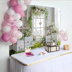 Lofaris Rustic Floral Window Photography Backdrop with Pink Roses and Greenery Elegant Studio Background for Romantic Photoshoot