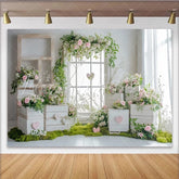 Lofaris Rustic Floral Window Photography Backdrop with Pink Roses and Greenery Elegant Studio Background for Romantic Photoshoot