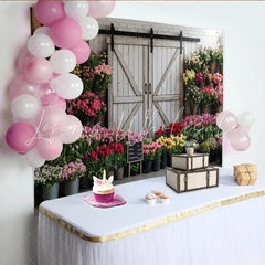 Lofaris Rustic Flower Market Photography Backdrop with White Barn Door and Colorful Flowers Studio Background for Spring Photoshoot