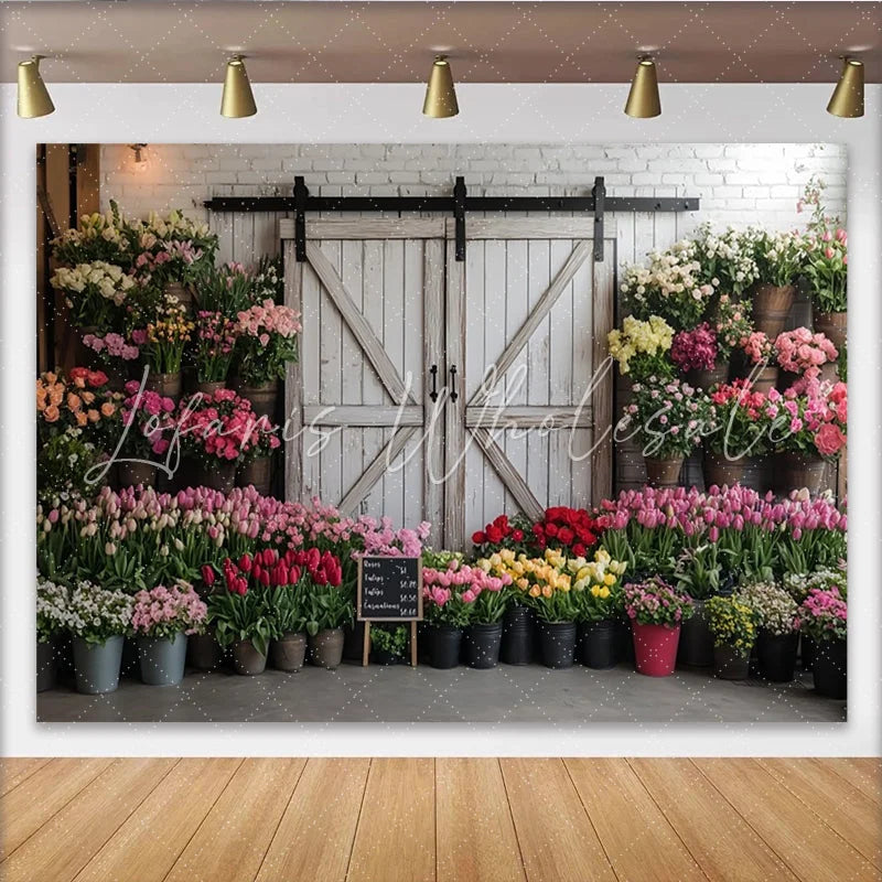 Lofaris Rustic Flower Market Photography Backdrop with White Barn Door and Colorful Flowers Studio Background for Spring Photoshoot