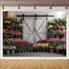 Lofaris Rustic Flower Market Photography Backdrop with White Barn Door and Colorful Flowers Studio Background for Spring Photoshoot