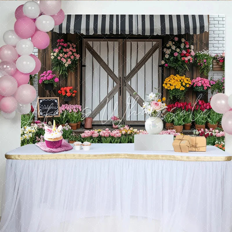 Lofaris Rustic Flower Shop Photography Backdrop with Barn Door Charming Studio Background for Portraits and Events