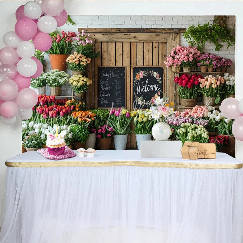 Lofaris Rustic Flower Shop Photography Backdrop with Welcome Sign Floral Decor and White Brick Wall Background for Photoshoot
