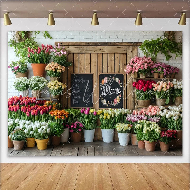 Lofaris Rustic Flower Shop Photography Backdrop with Welcome Sign Floral Decor and White Brick Wall Background for Photoshoot