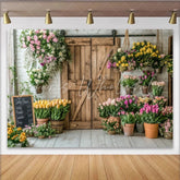 Lofaris Rustic Flower Shop Photography Backdrop with Wooden Barn Door and Colorful Flowers Charming Floral Background for Studio Photoshoot