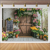 Lofaris Rustic Flower Shop Photography Backdrop with Wooden Door and Colorful Blooms Charming Studio Background for Spring Portraits