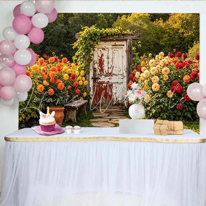 Lofaris Rustic Garden Photography Backdrop with Old Wooden Door Charming Stone Path Background for Professional Photoshoot