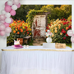 Lofaris Rustic Garden Photography Backdrop with Old Wooden Door Charming Stone Path Background for Professional Photoshoot