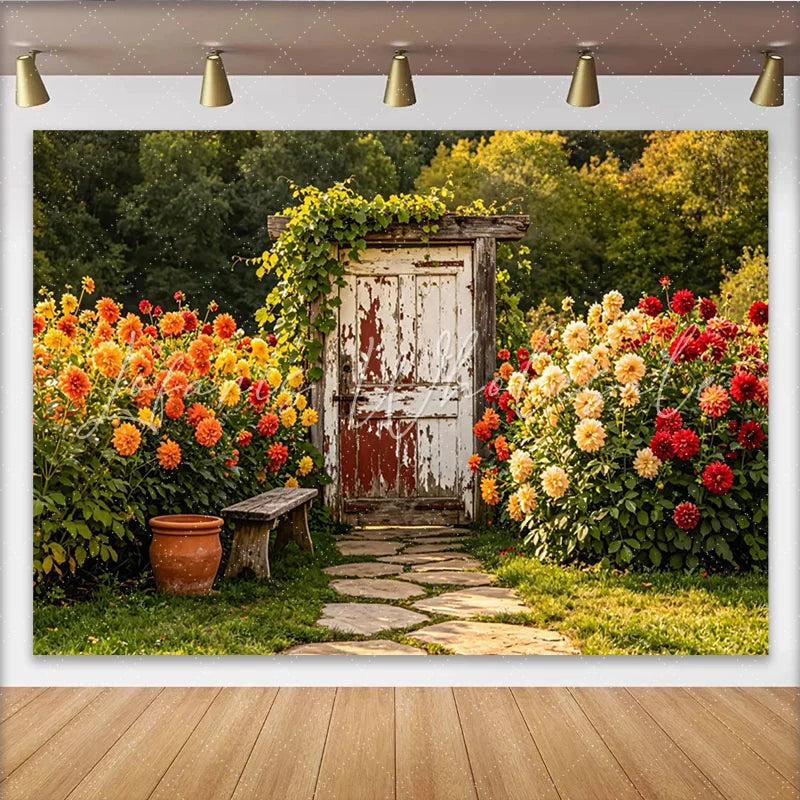 Lofaris Rustic Garden Photography Backdrop with Old Wooden Door Charming Stone Path Background for Professional Photoshoot