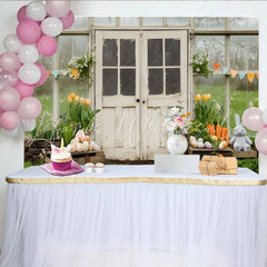 Lofaris Rustic Greenhouse with Easter Eggs and Bunny Party Backdrop Spring Floral Celebration Decor