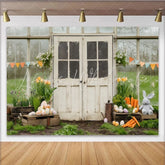Lofaris Rustic Greenhouse with Easter Eggs and Bunny Party Backdrop Spring Floral Celebration Decor
