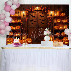 Lofaris Rustic Halloween Backdrop with Glowing Pumpkins and Bats Autumn Leaves and Lanterns for Spooky Party Decor and Photoshoot