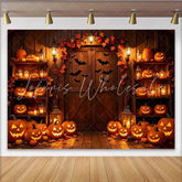 Lofaris Rustic Halloween Backdrop with Glowing Pumpkins and Bats Autumn Leaves and Lanterns for Spooky Party Decor and Photoshoot