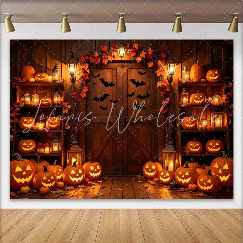 Lofaris Rustic Halloween Backdrop with Glowing Pumpkins and Bats Autumn Leaves and Lanterns for Spooky Party Decor and Photoshoot