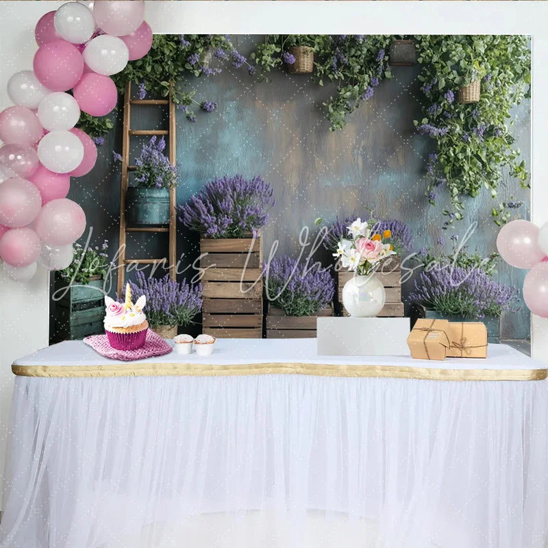 Lofaris Rustic Lavender Floral Photography Backdrop with Wooden Crates and Green Vines Natural Studio Background for Portrait Photoshoot