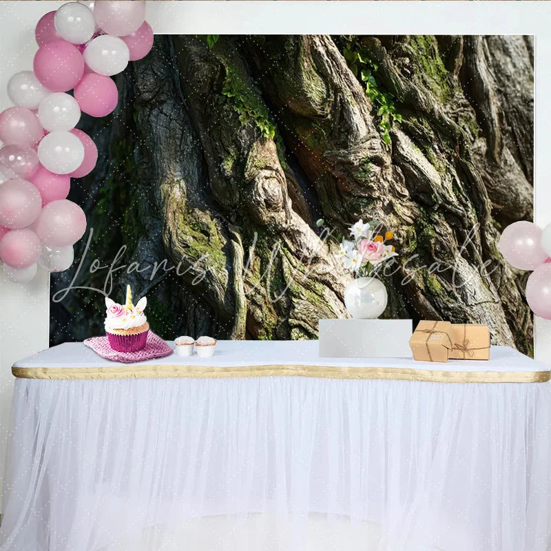 Lofaris Rustic Old Tree Bark Natural Scenery Backdrop with Green Moss Texture Forest Wood Photography Background for Studio Portrait