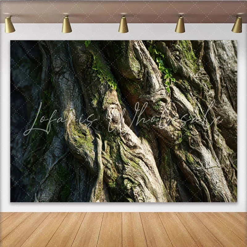 Lofaris Rustic Old Tree Bark Natural Scenery Backdrop with Green Moss Texture Forest Wood Photography Background for Studio Portrait