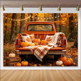 Lofaris Rustic Orange Pickup Truck Autumn Photography Backdrop with Pumpkins and Fall Leaves Harvest Season Studio Background.