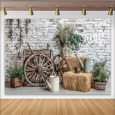 Lofaris Rustic Photography Backdrop with White Brick Wall and Wooden Wagon Wheels Farmhouse Studio Background for Portraits and Events.
