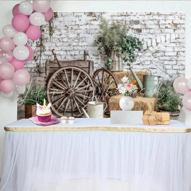 Lofaris Rustic Photography Backdrop with White Brick Wall and Wooden Wagon Wheels Farmhouse Studio Background for Portraits and Events.