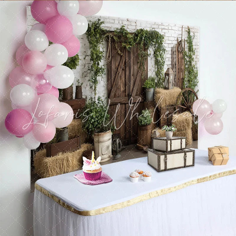 Lofaris Rustic Photography Backdrop with White Brick Wall Wooden Barn Door and Hay Bales Farmhouse Studio Background for Photoshoot