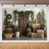 Lofaris Rustic Photography Backdrop with White Brick Wall Wooden Barn Door and Hay Bales Farmhouse Studio Background for Photoshoot