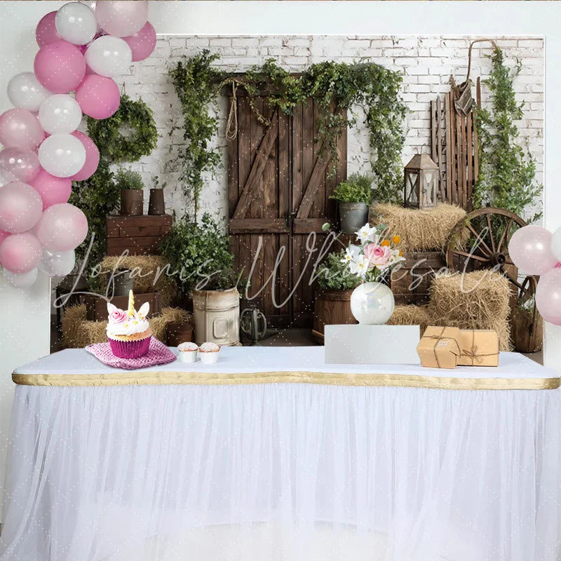 Lofaris Rustic Photography Backdrop with White Brick Wall Wooden Barn Door and Hay Bales Farmhouse Studio Background for Photoshoot