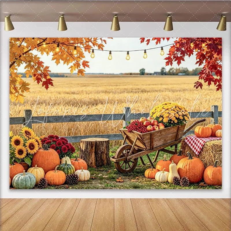 Lofaris Rustic Pumpkin Autumn Backdrop for Fall Harvest Portrait Beautiful Sunflower and Wheelbarrow Background for Studio