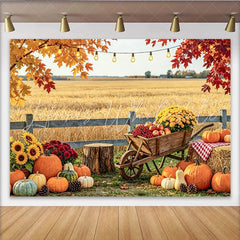Lofaris Rustic Pumpkin Autumn Backdrop for Fall Harvest Portrait Beautiful Sunflower and Wheelbarrow Background for Studio