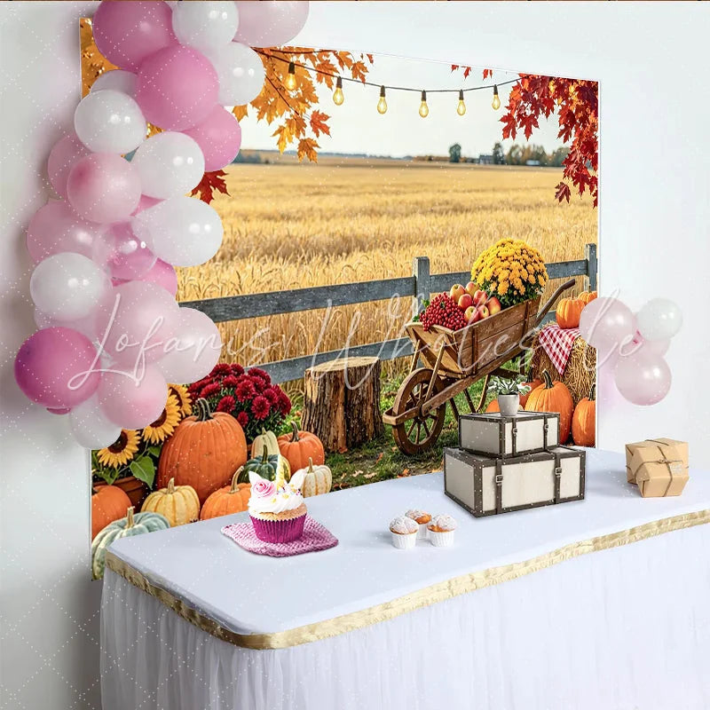 Lofaris Rustic Pumpkin Autumn Backdrop for Fall Harvest Portrait Beautiful Sunflower and Wheelbarrow Background for Studio