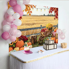 Lofaris Rustic Pumpkin Autumn Backdrop for Fall Harvest Portrait Beautiful Sunflower and Wheelbarrow Background for Studio
