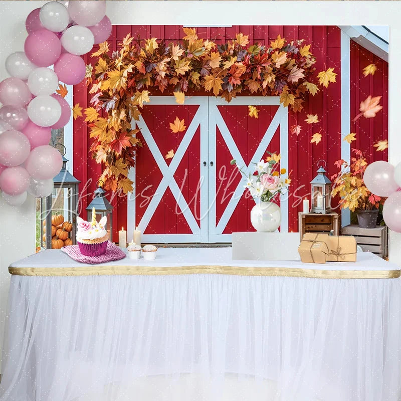 Lofaris Rustic Red Barn Autumn Backdrop for Fall Photoshoot featuring Maple Leaves and Pumpkins Wood Background Prop