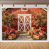 Lofaris Rustic Red Barn Autumn Backdrop for Harvest Photoshoot Apple Orchard Background with Hay Bales and Wooden Crates