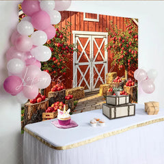 Lofaris Rustic Red Barn Autumn Backdrop for Harvest Photoshoot Apple Orchard Background with Hay Bales and Wooden Crates