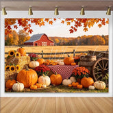 Lofaris Rustic Red Barn Autumn Harvest Backdrop Pumpkins and Fall Leaves Farmhouse Photo Background for Fall Party Decor