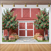 Lofaris Rustic Red Barn Autumn Orchard Backdrop for Fall Photoshoot Apple Tree and Hay Bale Background for Portrait Studio