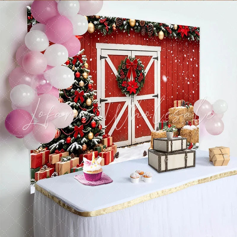Lofaris Rustic Red Barn Christmas Backdrop with Snow and Decorated Tree Festive Winter Holiday Background for Family Photoshoot