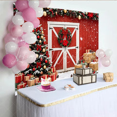 Lofaris Rustic Red Barn Christmas Backdrop with Snow and Decorated Tree Festive Winter Holiday Background for Family Photoshoot