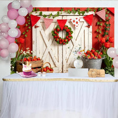 Lofaris Rustic Red Barn Strawberry Farm Photography Backdrop Fresh Fruit Theme Photo Background for Spring Summer Party Decor