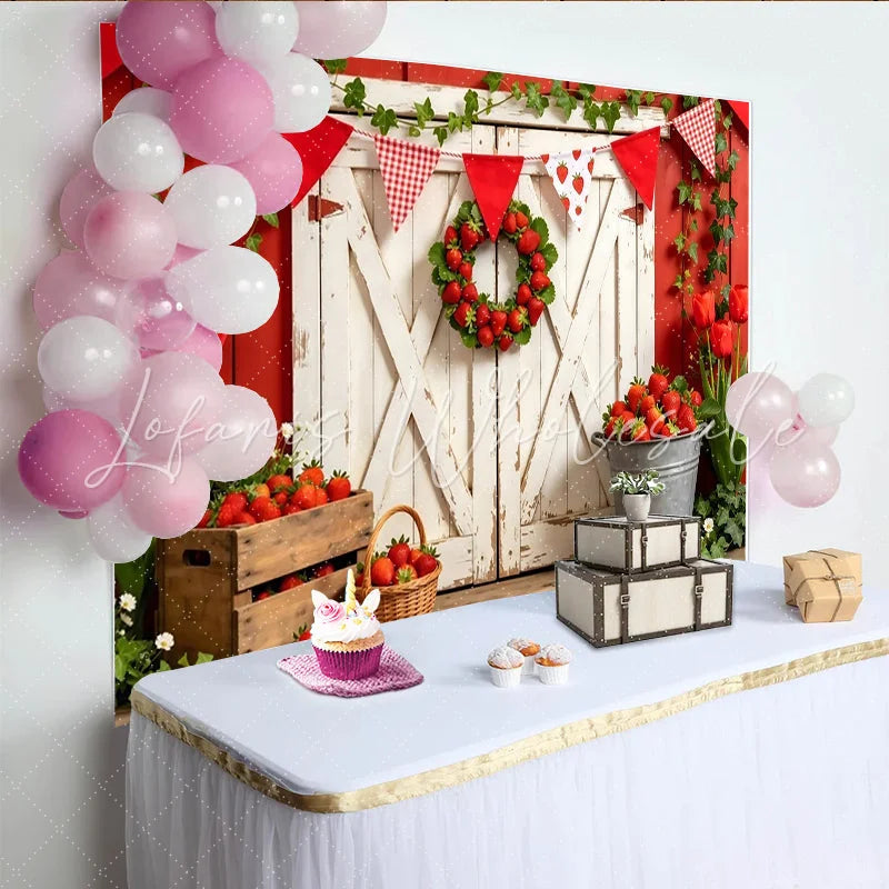 Lofaris Rustic Red Barn Strawberry Farm Photography Backdrop Fresh Fruit Theme Photo Background for Spring Summer Party Decor