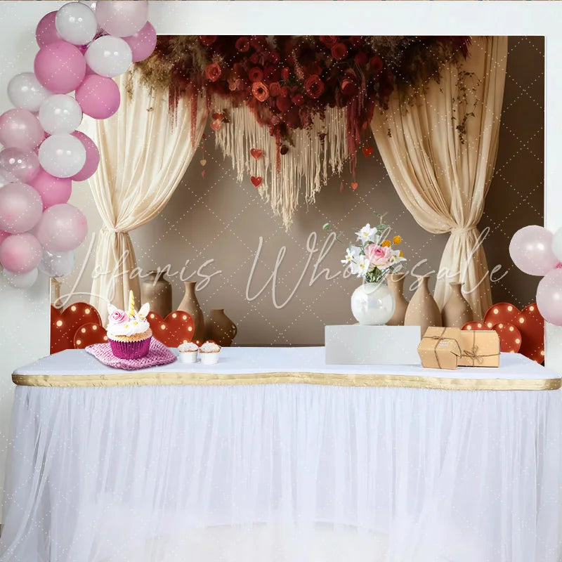 Lofaris Rustic Red Roses and Hearts Macrame Party Backdrop with Cream Curtains for Valentine’s Day Wedding