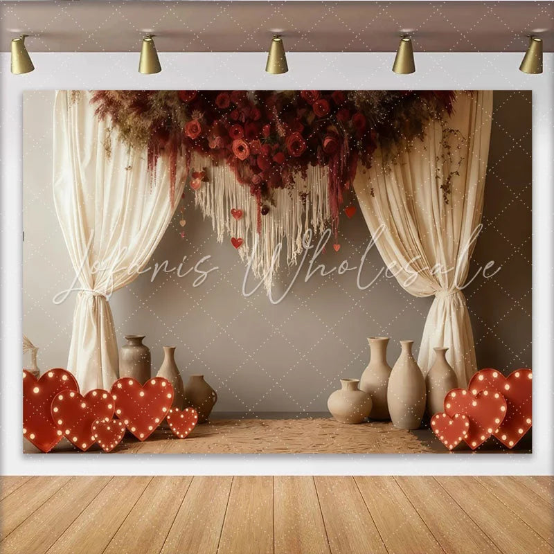 Lofaris Rustic Red Roses and Hearts Macrame Party Backdrop with Cream Curtains for Valentine’s Day Wedding