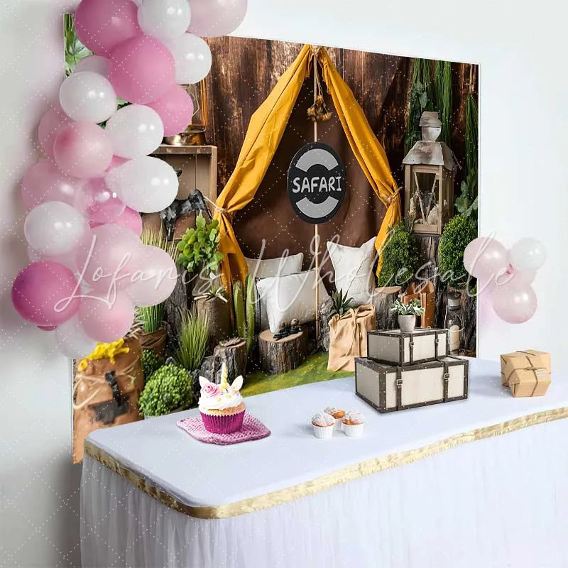 Lofaris Rustic Safari Adventure Tent Birthday Cake Smash Backdrop Wild One Jungle Theme Party Decor