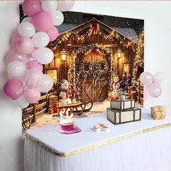 Lofaris Rustic Snowy Christmas Holiday Backdrop with Wooden Barn Festive Lights and Snowmen for Winter Photography